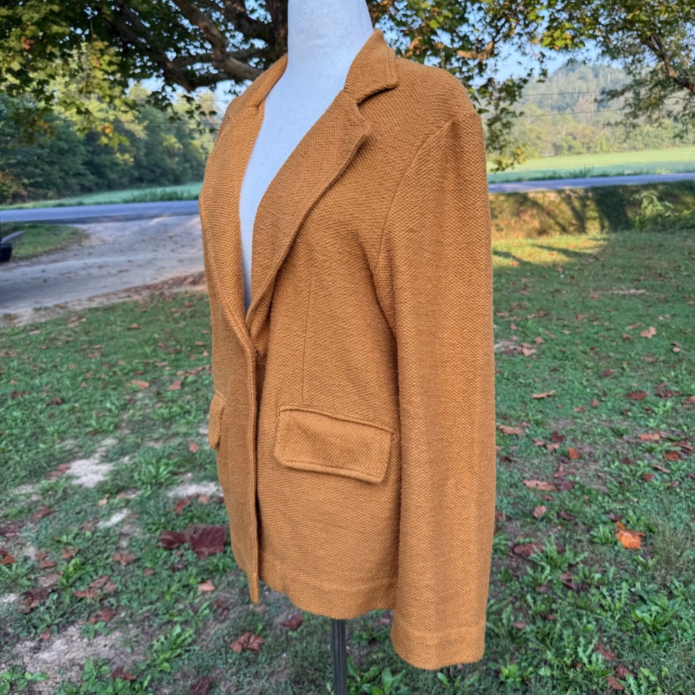 Maeve Anthropologie Mustard Yellow Cotton Textured Knit Blazer XL Fall Neutral - Picture 4 of 10